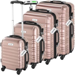 Tectake 4tlg. Hartschalenkoffer Set mit Rollen, Teleskopgriff und Schloss - Idealer Reisekoffer in S-M-L-XL Champagner